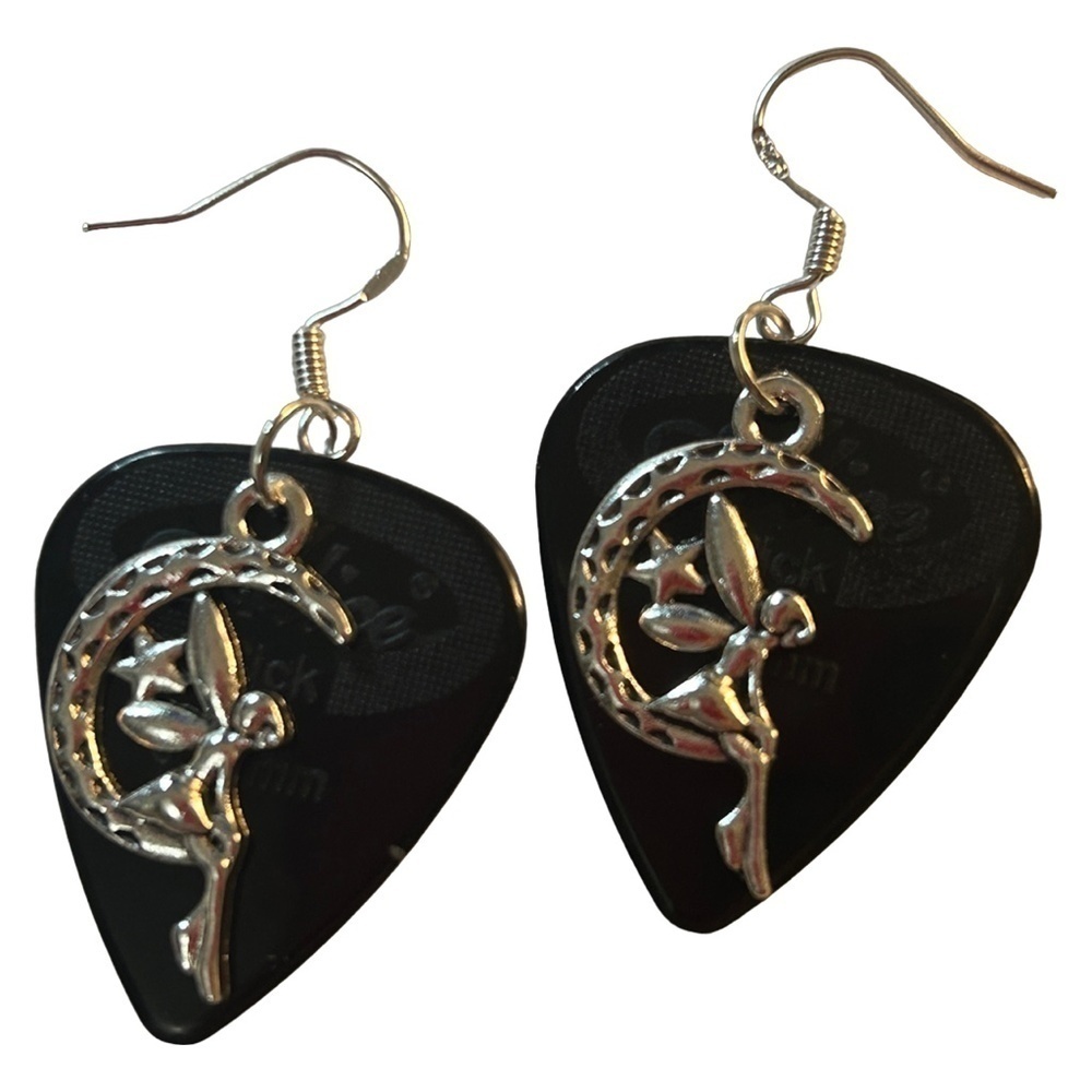 Repurposed Guitar Pick Earrings Hand Crafted Fairy on Midnight Moon
